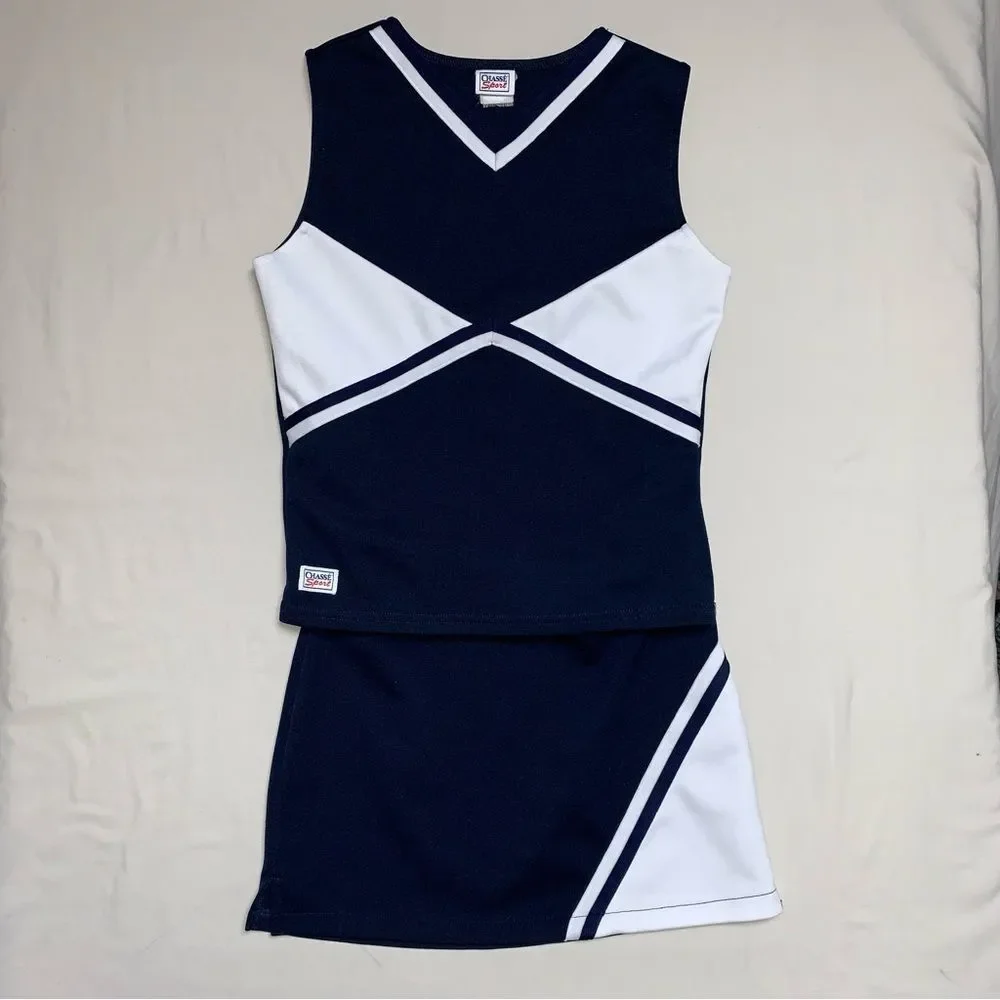 Cheerleader Costumer Girl’s Large 6-9Halloween Play Dress Up Navy Blue White Pep